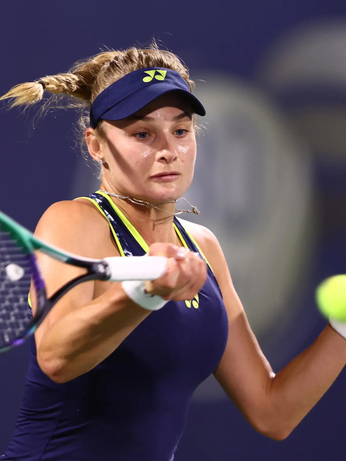 DUBAI, UNITED ARAB EMIRATES - FEBRUARY 17: Dayana Yastremska of Ukraine  in her Women's quarter-final match during day four of the Dubai Duty Free Tennis at Dubai Duty Free Tennis Stadium on February 17, 2022 in Dubai, United Arab Emirates. (Photo by Francois Nel/Getty Images)