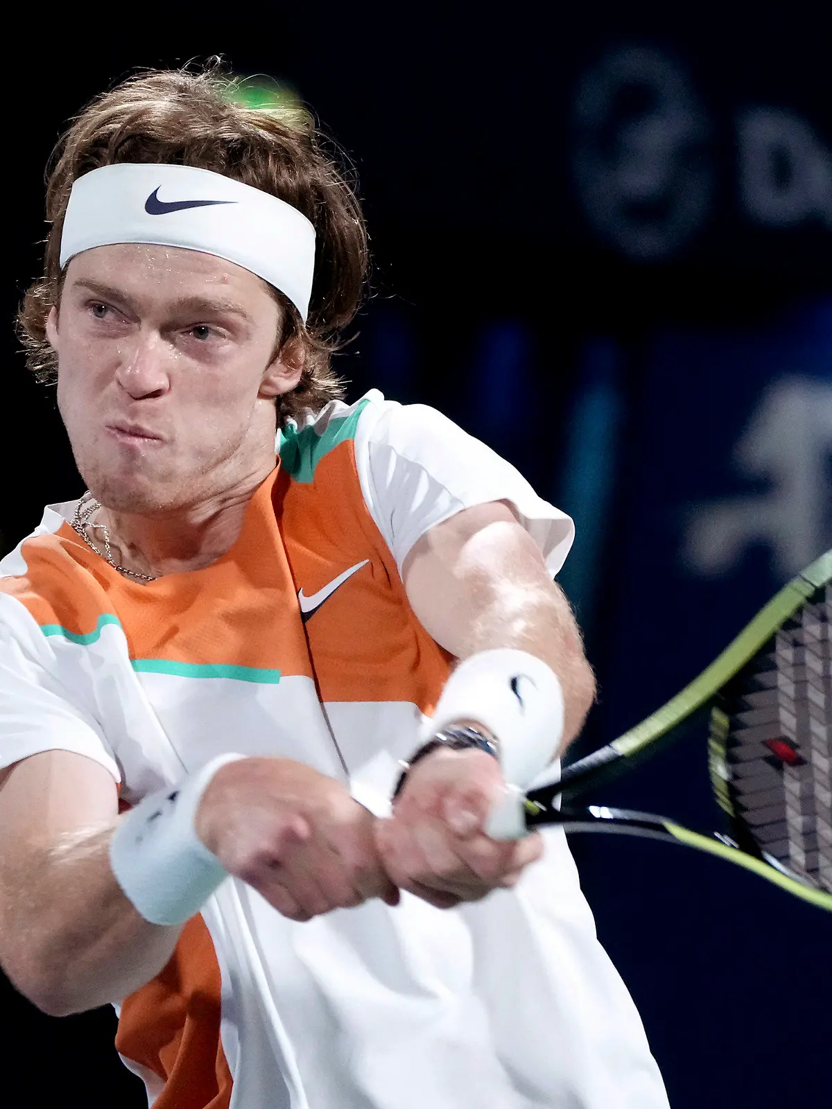 Russia's Andrey Rublev returns the ball to Poland's Hubert Hurkacz during a semifinal match of the Dubai Duty Free Tennis Championship in Dubai, United Arab Emirates, Friday, Feb. 25, 2022. (AP Photo/Ebrahim Noroozi)