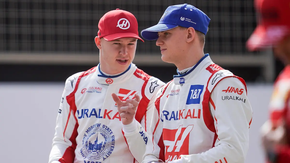  March 12, 2021, Sakhir, Bahrain: NIKITA MAZEPIN of Russia and Haas F1 Team and MICK SCHUMACHER of Germany and Haas F1 Team are seen at a photoshoot at the 2021 FIA Formula 1 Pre-Season tests at Bahrain International Circuit in Sakhir, Bahrain. Sakhir Bahrain - ZUMAg147 20210312_zap_g147_024 Copyright: xJamesxGasperottix