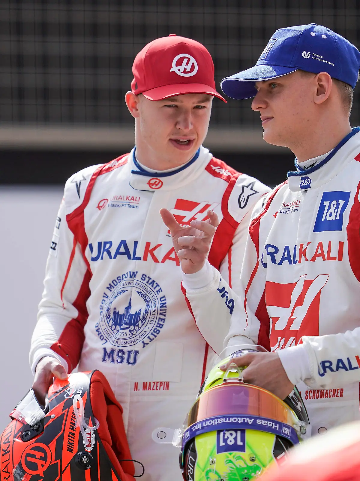  March 12, 2021, Sakhir, Bahrain: NIKITA MAZEPIN of Russia and Haas F1 Team and MICK SCHUMACHER of Germany and Haas F1 Team are seen at a photoshoot at the 2021 FIA Formula 1 Pre-Season tests at Bahrain International Circuit in Sakhir, Bahrain. Sakhir Bahrain - ZUMAg147 20210312_zap_g147_024 Copyright: xJamesxGasperottix