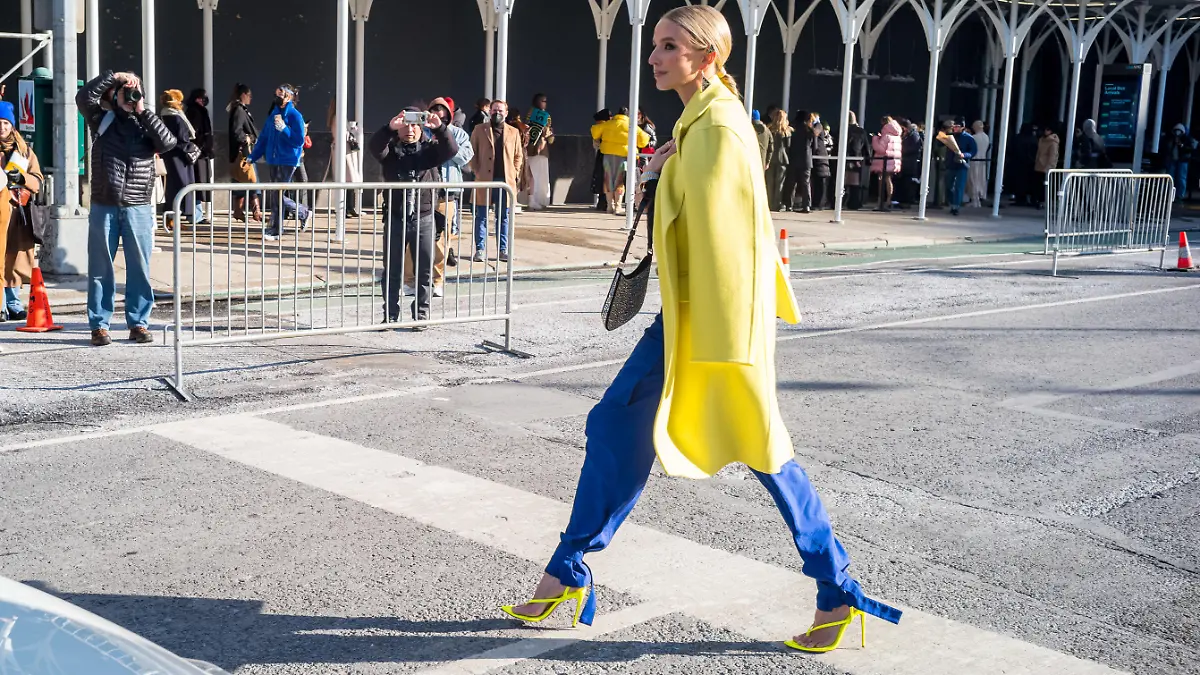 February 14, 2022, New York, New York, U.S: Fashion model LEONIE HANNE walks across Varick Street while posing for photos during Fashion Week outside of New York Fashion Week at Spring Studios in New York (Credit Image: Â© Brian Branch Price/ZUMA Press Wire