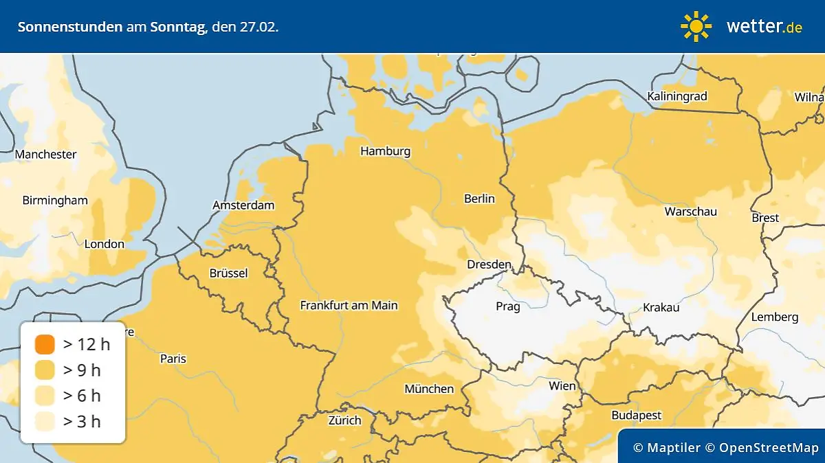 Die Deutschlandkarte zeigt die Vorhersage der Sonnenstunden am Sonntag. Verbreitet erwarten uns 8 bis 10 Sonnenstunden.