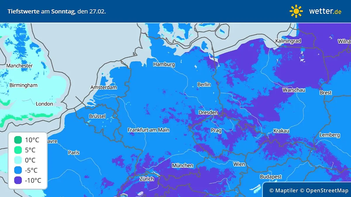 Die Vorhersage der Minimumtemperaturen für Deutschland in der Nacht zum Sonntag - oft mit um die -5, teils auch unter -10 Grad.