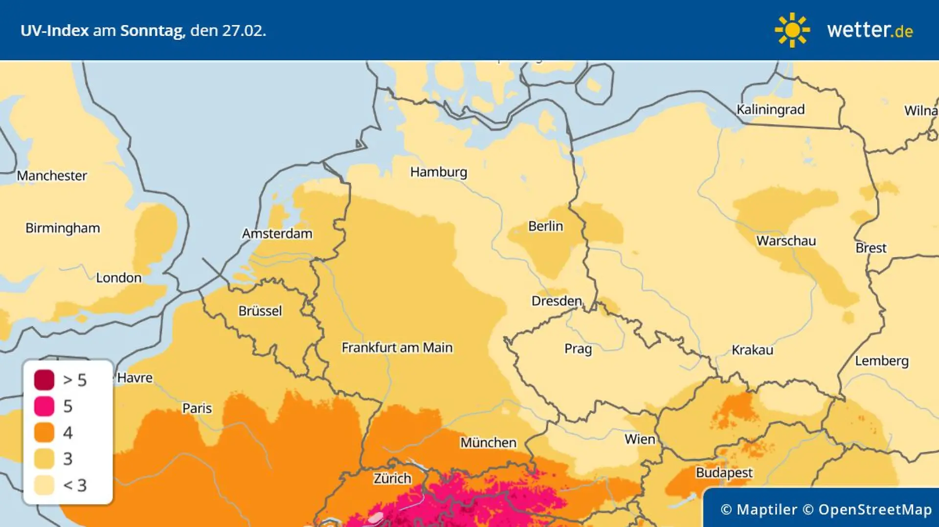 Die Karte zeigt die Vorhersage des UV-Indexes am Sonntag - oft liegen die Werte bei 3 bis 5. Das entspricht einer mittleren Belastung, so dass sich empfindliche Hauttypen schützen sollten.