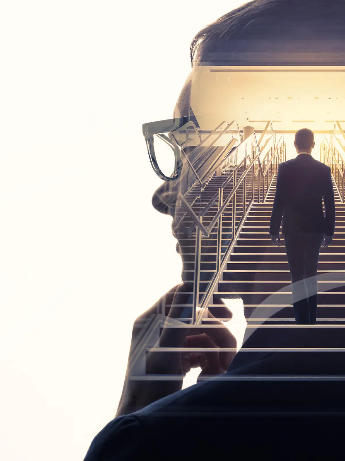 Double exposure of a businessman and stairs. Success of business concept.