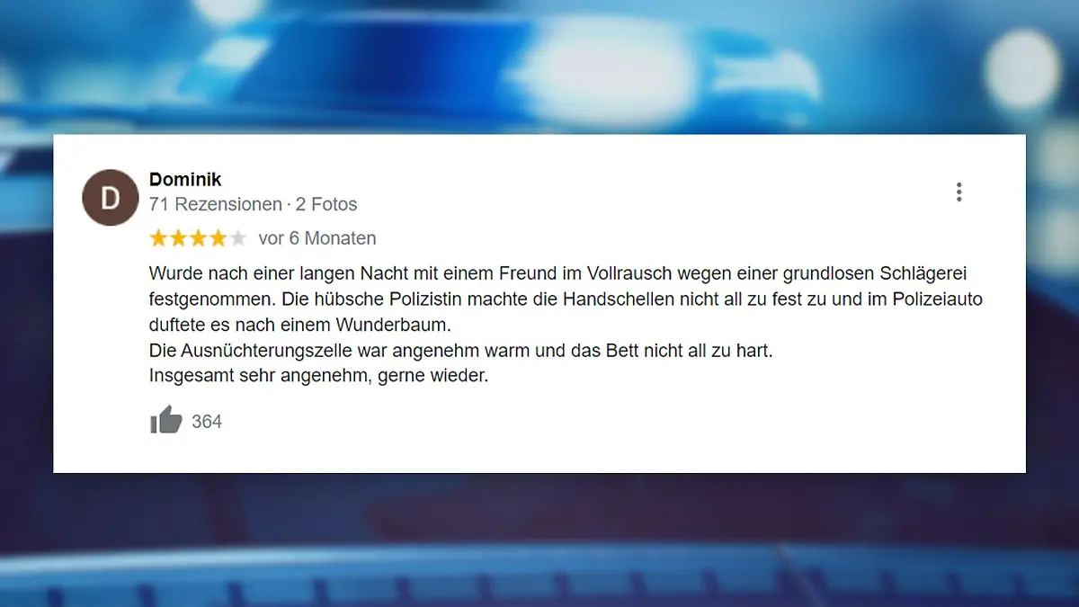Mann bewertet eine Polizeistation in Wien bei Google. Die Bewertung klingt fast nach einem Wellnessurlaub.
