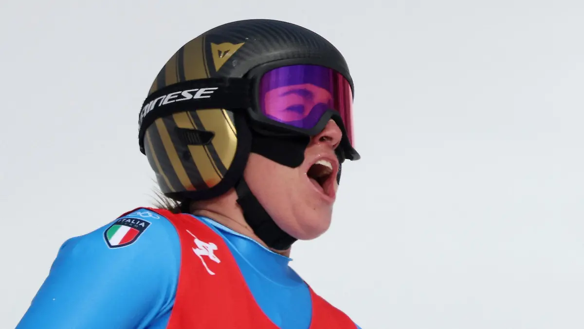 2022 Beijing Olympics - Alpine Skiing - Women's Downhill - National Alpine Skiing Centre, Yanqing district, Beijing, China - February 15, 2022. Sofia Goggia of Italy reacts after her run. REUTERS/Jorge Silva