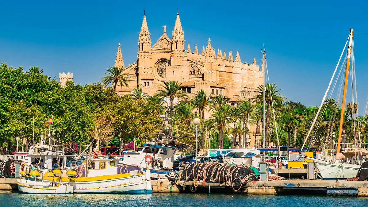 Idyllic view of Cathedral La Seu and port in Palma de Mallorca, Spain Balearic Islands