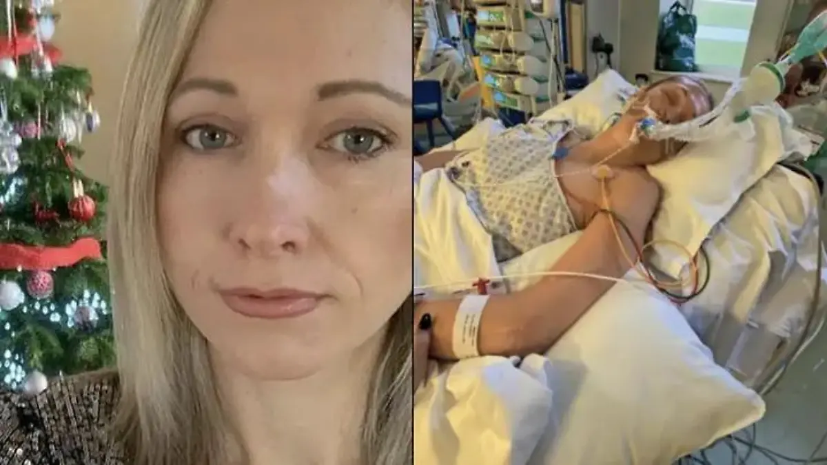 Claire Muffett-Reece während ihrer Enzephalitis-Erkrankung im Krankenbett