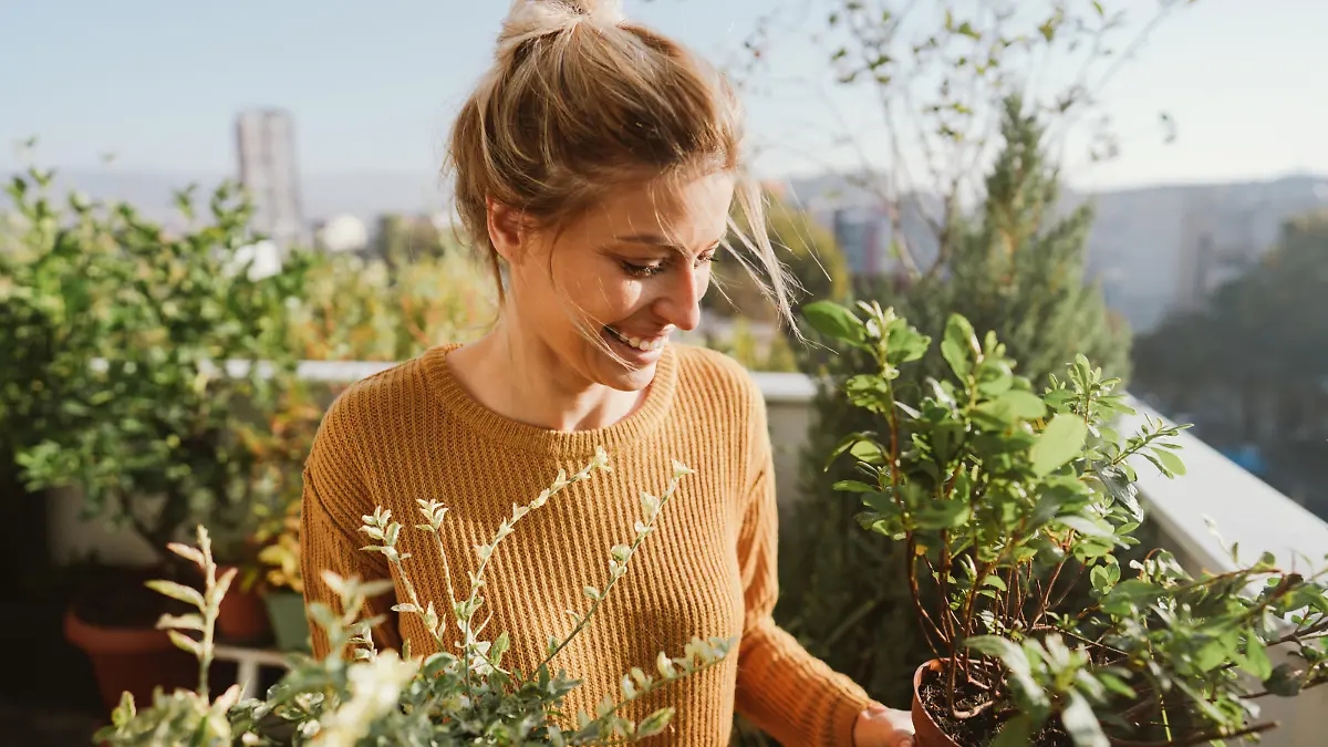 Photo of young woman taking care of her plants on a rooftop garden