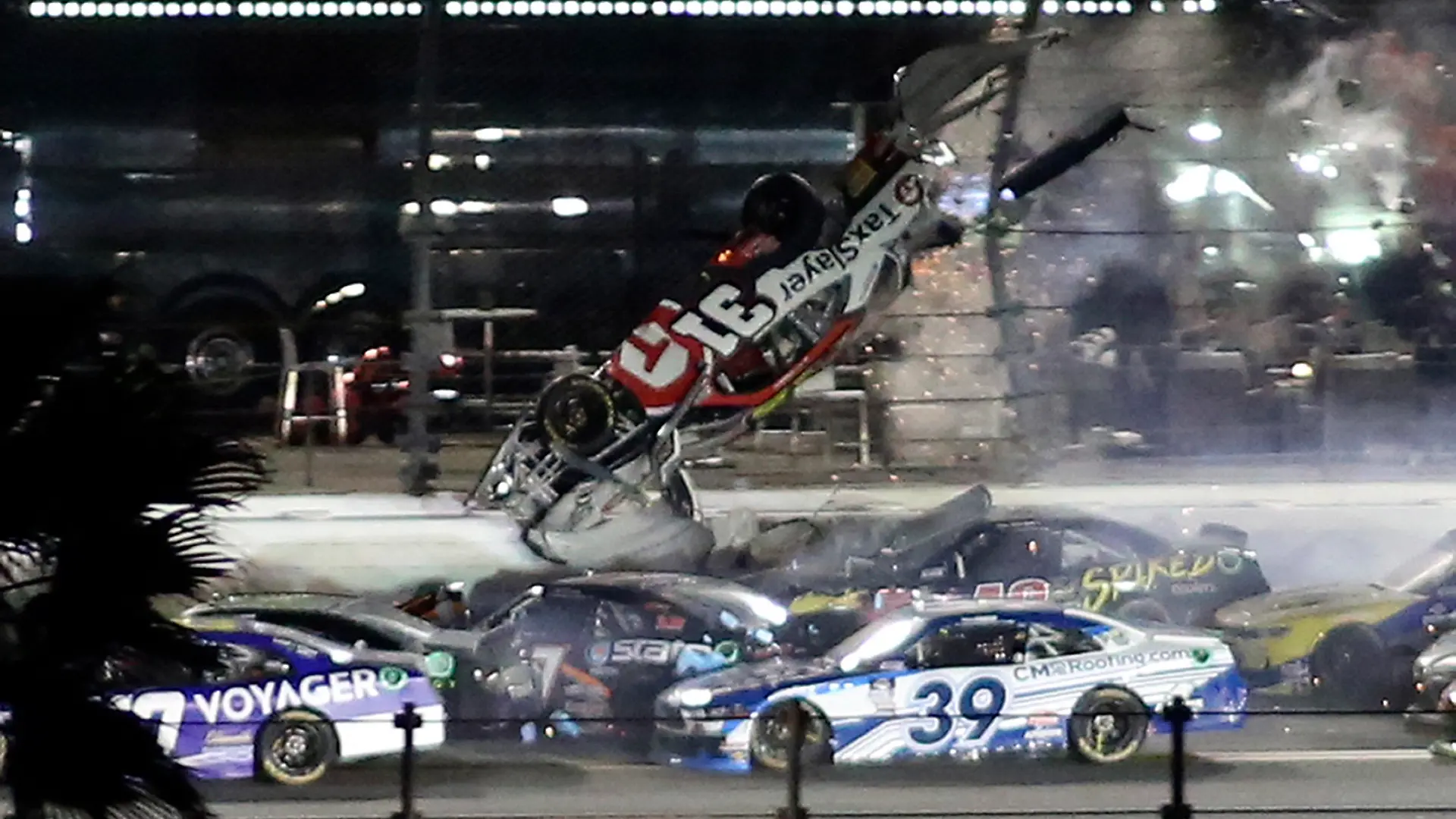 Myatt Snider goes airborne as he crashes on the final lap during the NASCAR Xfinity Series auto race Saturday, Feb. 19, 2022, at Daytona International Speedway in Daytona Beach, Fla. (AP Photo/Jim Topper)