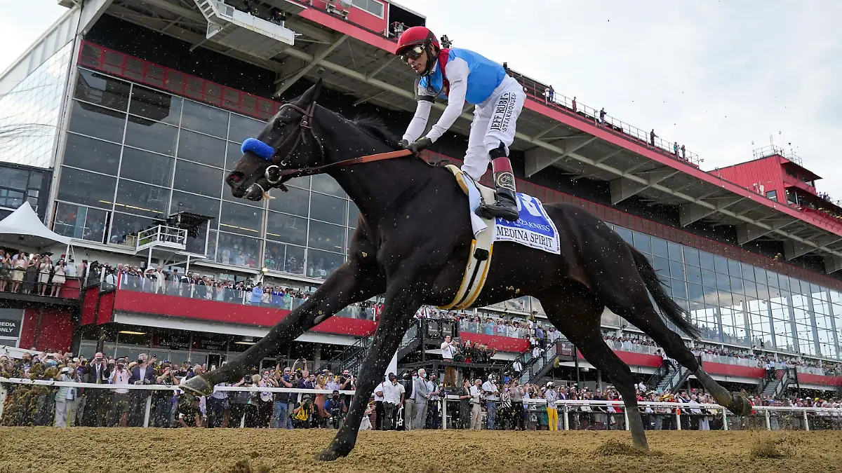 FILE - John Velazquez atop Medina Spirit competes during the 146th Preakness Stakes horse race at Pimlico Race Course, Saturday, May 15, 2021, in Baltimore. A necropsy on 2021 Kentucky Derby winner Medina Spirit showed no definitive cause of death. The California Horse Racing Board on Friday, Feb. 11, 2022, released the results of the examination done after the colt collapsed and died after a workout on Dec. 6 at Santa Anita. (AP Photo/Julio Cortez, File)