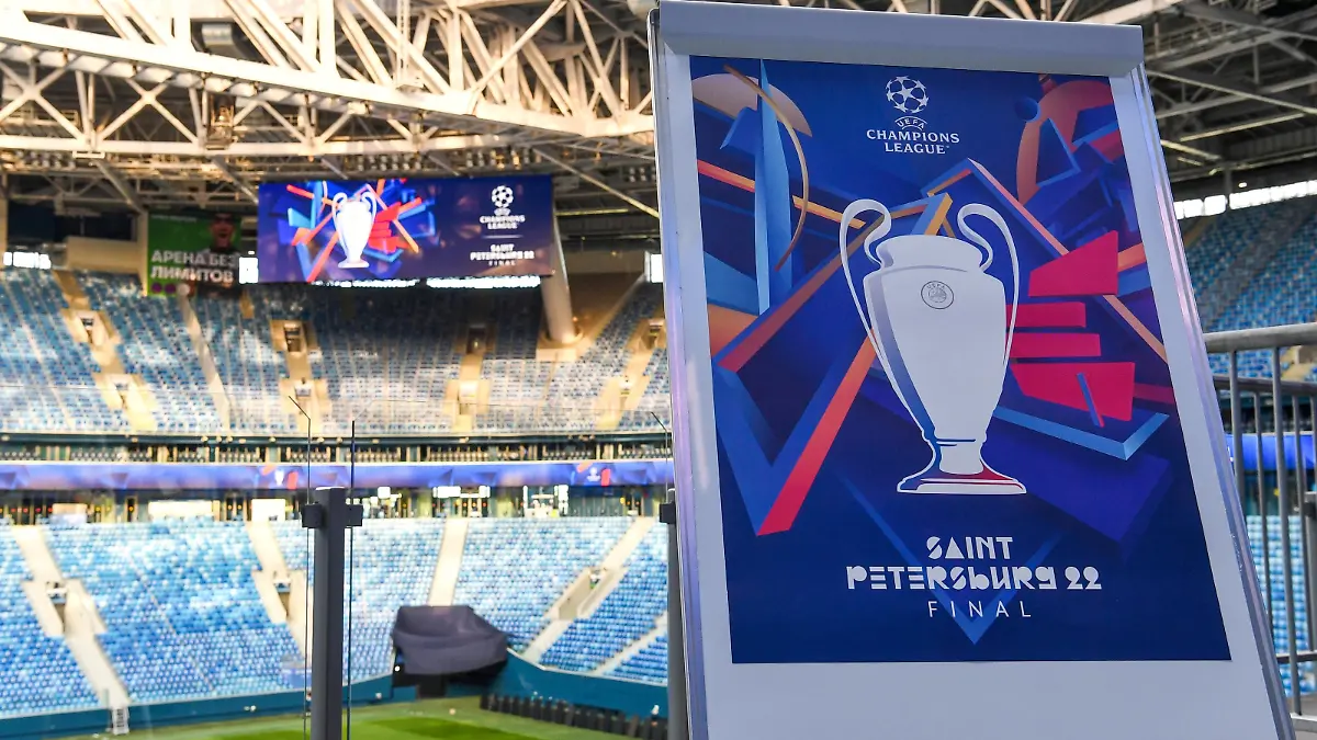 6656560 22.09.2021 A view shows a logo of the UEFA Champions League 2022 final before its presentation at the Gazprom Arena stadium, which will host the final of the 2021/22 UEFA Champions League on May 28, 2022, in St. Petersburg, Russia. Alexei Danichev / Sputnik