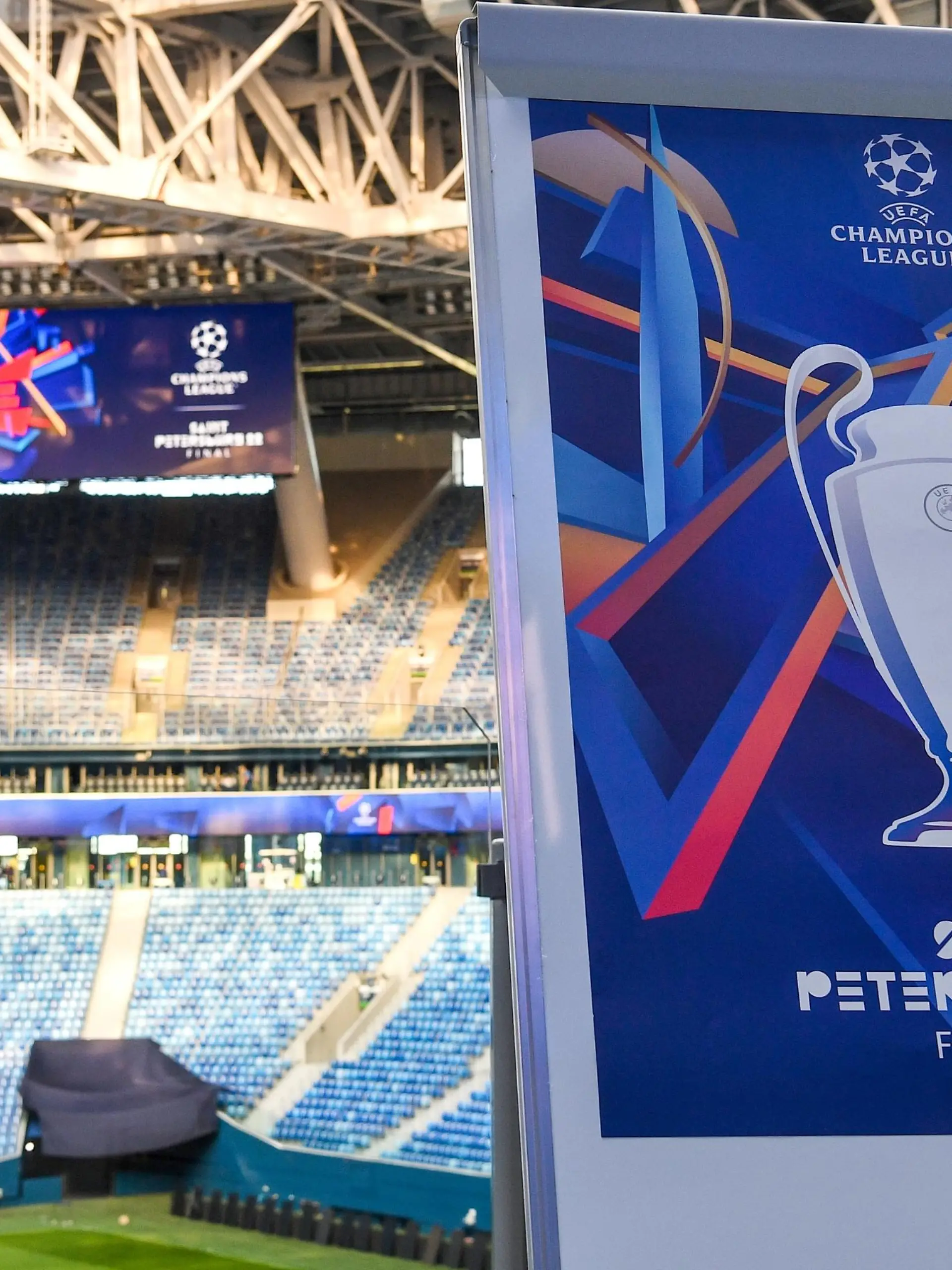 6656560 22.09.2021 A view shows a logo of the UEFA Champions League 2022 final before its presentation at the Gazprom Arena stadium, which will host the final of the 2021/22 UEFA Champions League on May 28, 2022, in St. Petersburg, Russia. Alexei Danichev / Sputnik
