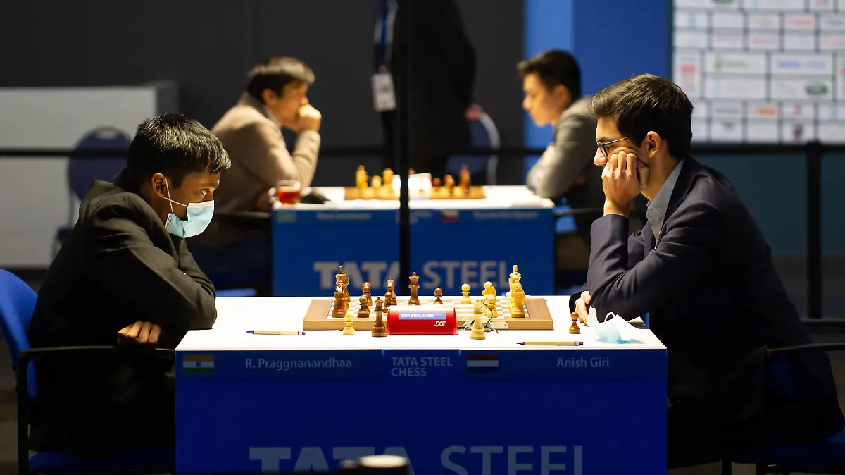 Schach, Tata Steel Chess Tournament in Wijk aan Zee 220116 -- WIJK AAN ZEE, Jan. 16, 2022 -- Anish Giri R of the Netherlands competes against Rameshbabu Praggnanandhaa of India during the Tata Steel Chess Tournament 2022 in Wijk aan Zee, the Netherlands, Jan. 15, 2022. Photo by /Xinhua SPNETHERLANDS-WIJK AAN ZEE-CHESS TOURNAMENT 2022 SylviaxLederer PUBLICATIONxNOTxINxCHN