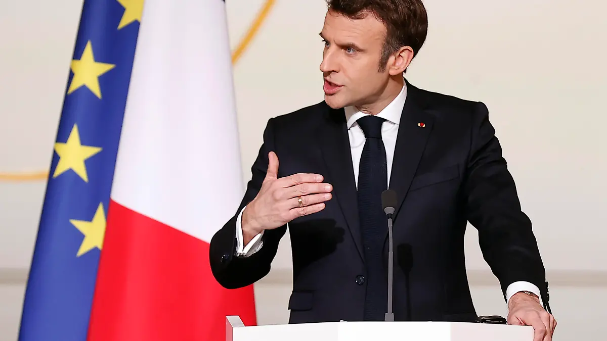 French President Emmanuel Macron delivers his speech during a joint press conference on France's engagement in the Sahel region, with Ghana's President Nana Afuko Addo, Senegal's President Macky Sall, and European Council President Charles Michel, at the Elysee Palace in Paris, Feb. 17 2022. President Emmanuel Macron said that France will withdraw its troops from Mali nine years after it first intervened to drive Islamic extremists from power but intends to maintain a military presence in neighboring West African nations. (Ian Langsdon, Pool via AP)