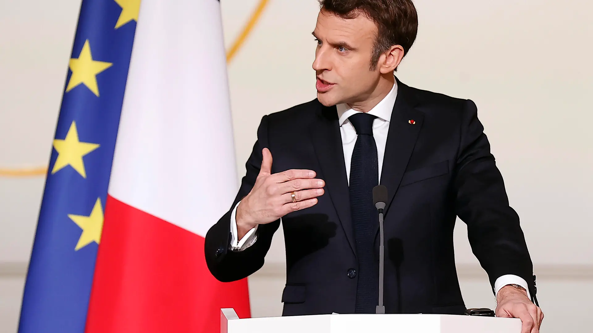 French President Emmanuel Macron delivers his speech during a joint press conference on France's engagement in the Sahel region, with Ghana's President Nana Afuko Addo, Senegal's President Macky Sall, and European Council President Charles Michel, at the Elysee Palace in Paris, Feb. 17 2022. President Emmanuel Macron said that France will withdraw its troops from Mali nine years after it first intervened to drive Islamic extremists from power but intends to maintain a military presence in neighboring West African nations. (Ian Langsdon, Pool via AP)