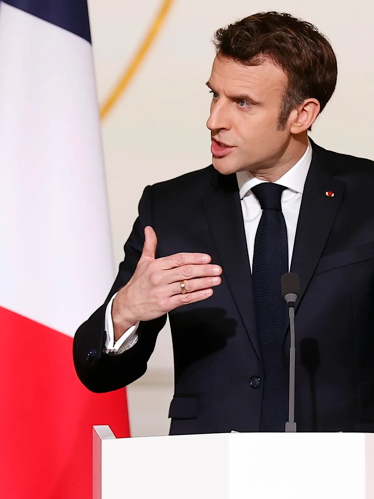 French President Emmanuel Macron delivers his speech during a joint press conference on France's engagement in the Sahel region, with Ghana's President Nana Afuko Addo, Senegal's President Macky Sall, and European Council President Charles Michel, at the Elysee Palace in Paris, Feb. 17 2022. President Emmanuel Macron said that France will withdraw its troops from Mali nine years after it first intervened to drive Islamic extremists from power but intends to maintain a military presence in neighboring West African nations. (Ian Langsdon, Pool via AP)