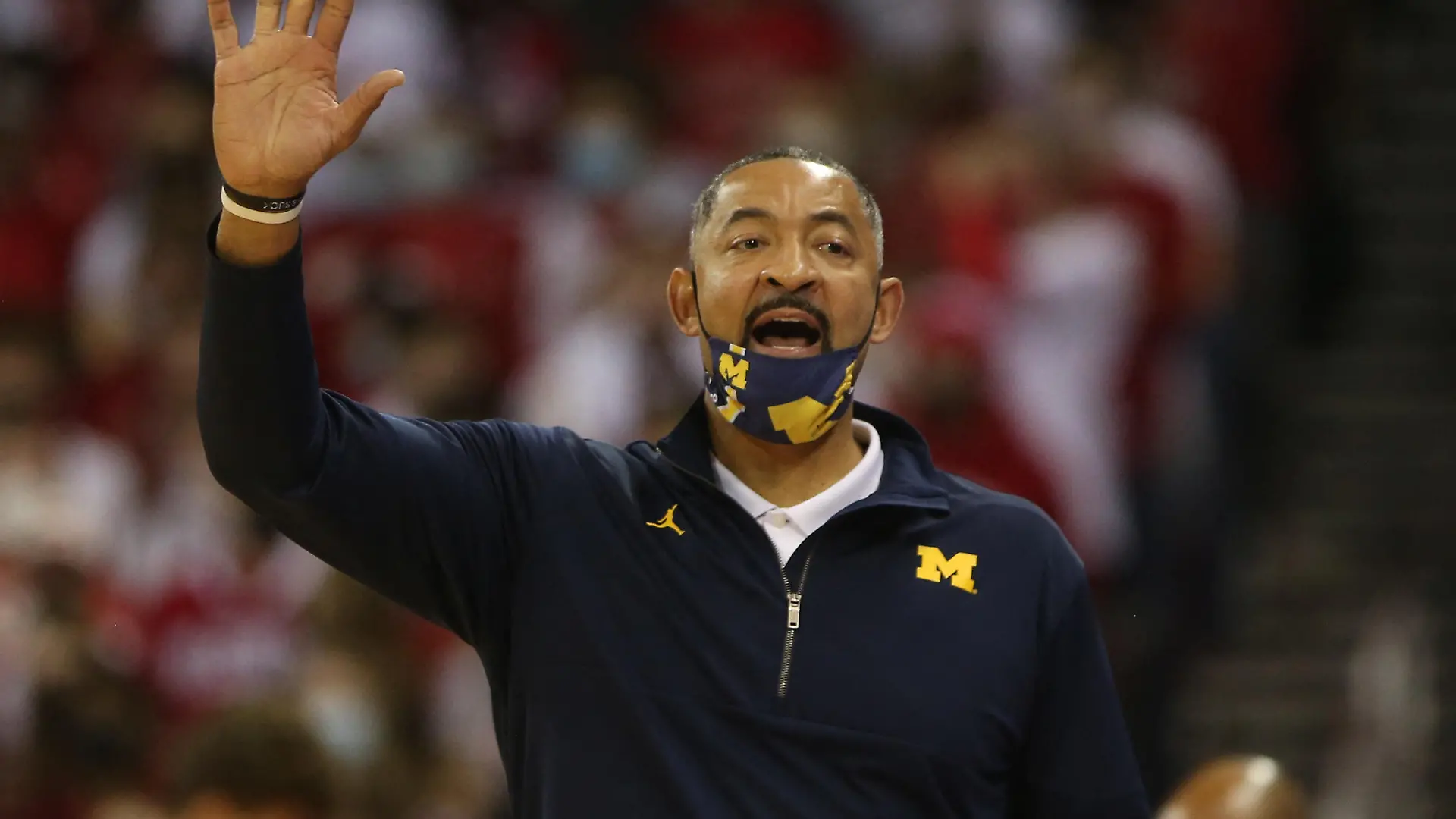 Feb 20, 2022; Madison, Wisconsin, USA; Michigan Wolverines head coach Juwan Howard  directs his team during the game with the Wisconsin Badgers at the Kohl Center. Mandatory Credit: Mary Langenfeld-USA TODAY Sports
