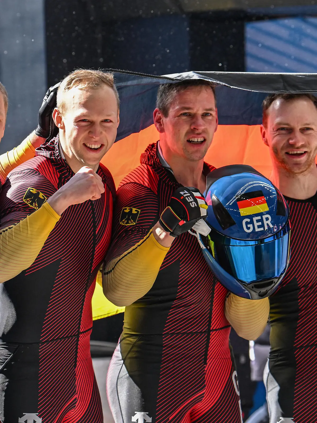  220220 -- BEIJING, Feb. 20, 2022 -- Francesco Friedrich/Thorsten Margis/Candy Bauer/Alexander Schueller of Germany celebrate winning after the bobsleigh 4-man heat of Beijing 2022 Winter Olympics at National Sliding Centre in Yanqing District, Beijing, capital of China, Feb. 20, 2022.  BEIJING2022CHINA-BEIJING-OLYMPIC Winter games, Winterspiele,Spiele, Summer games BOBSLEIGH-4-MEN-HEATCN SunxFei PUBLICATIONxNOTxINxCHN