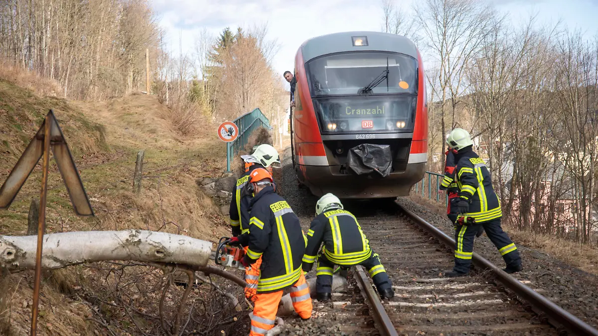 News Bilder des Tages ID 539 Orkantief Zeynep fegte in den Nachtstunden hinweg und hinterließ auch in Sachsen zahlreiche Schäden. Weit über hundert Einsätze galt es alleine im Erzgebirgskreis abzuarbeiten. Erst in den Morgenstunden, nachdem die Schäden ersichtlich wurden, begannen die großen Aufräumarbeiten. Die Bahn stellte schon am Freitagabend ihren Verkehr Großteils ein. Am Samstagmorgen begannen Erkundungsfahrten. Immer wieder wurden Sturmschäden festgestellt, die von den Feuerwehren beseitigt werden musste. So auch auf der Erzgebirgsbahnstrecke Chemnitz Cranzahl. Die Feuerwehr Sehma kam hier zum Einsatz, um eine große Birke von den Gleisen zu entfernen. Eigentlich sollte die Bahnstrecke gesperrt gewesen sein. Dennoch rollte aber noch währe