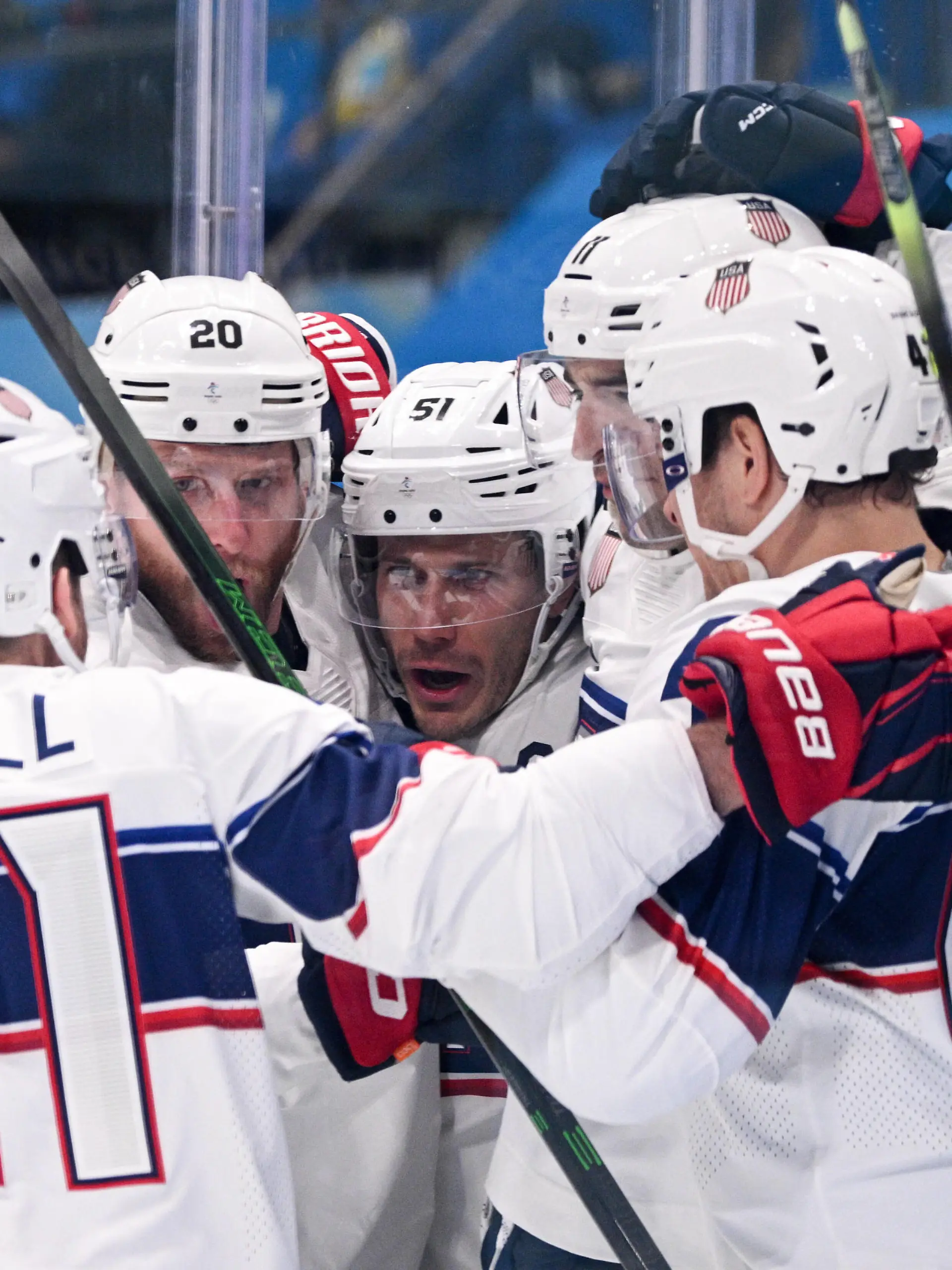 China Olympics 2022 Ice hockey, Eishockey Men Canada - US 8111957 12.02.2022 Players of the United States celebrate after scoring a goal in the men s ice hockey preliminary round group A match between Canada and the United States during the Beijing 2022 Winter Olympic Games, Olympische Spiele, Olympia, OS at National Indoor Stadium in Beijing, China. Alexey Filippov / Sputnik Beijing China PUBLICATIONxINxGERxSUIxAUTxONLY Copyright: xAlexeyxFilippovx 