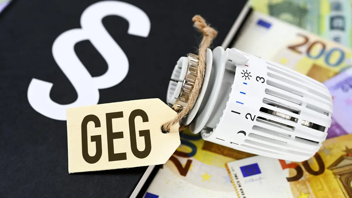 Heizungsthermostat mit Etikett und Aufschrift GEG auf Gesetzbuch und Geldscheinen, Symbolfoto Heizungsgesetz / action press