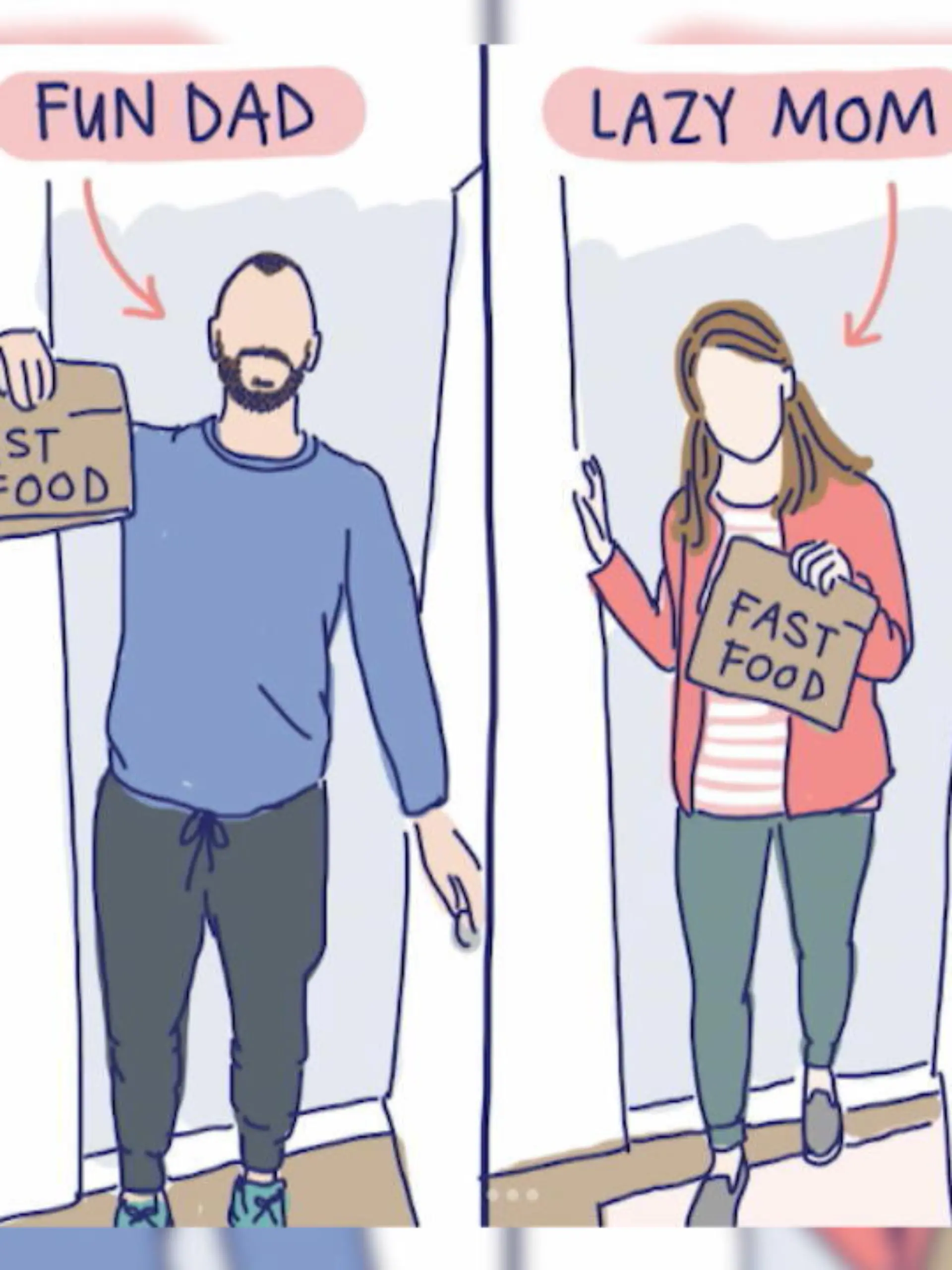 Wenn Mama Fast Food mit nach Hause bringt, gilt sie als faule Köchin. Steht Papa dagegen mit einem Pizza-Karton im Türrahmen ist er ein cooler Vater, der mal anderes Essen dabei hat. 

Kommt Ihnen eine solche Doppelmoral? Der Vater ist der Coole und die Mama muss einstecken. Auf diese Doppelmoral macht die US-Amerikanerin und Mutter Mary Chaterine Starr jetzt aufmerksam und geht damit viral. 