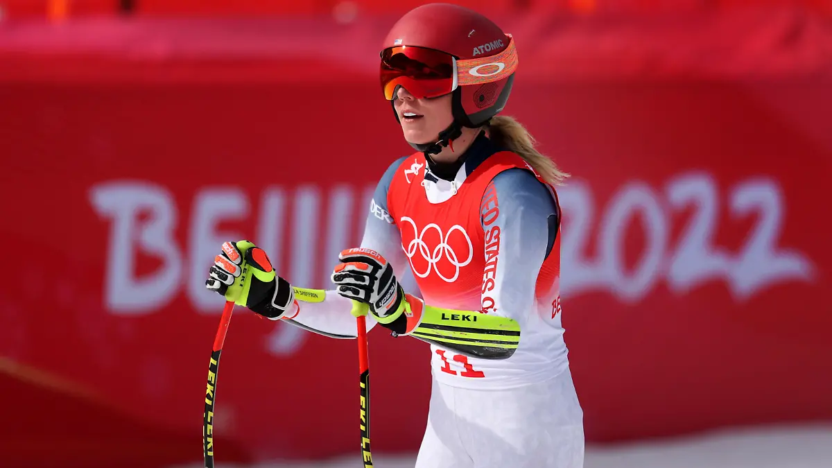 YANQING, CHINA - FEBRUARY 11: Mikaela Shiffrin of Team United States reacts as they cross the finish line during the Women's Super-G on day seven of the Beijing 2022 Winter Olympic Games at National Alpine Ski Centre on February 11, 2022 in Yanqing, China. (Photo by Alex Pantling/Getty Images)