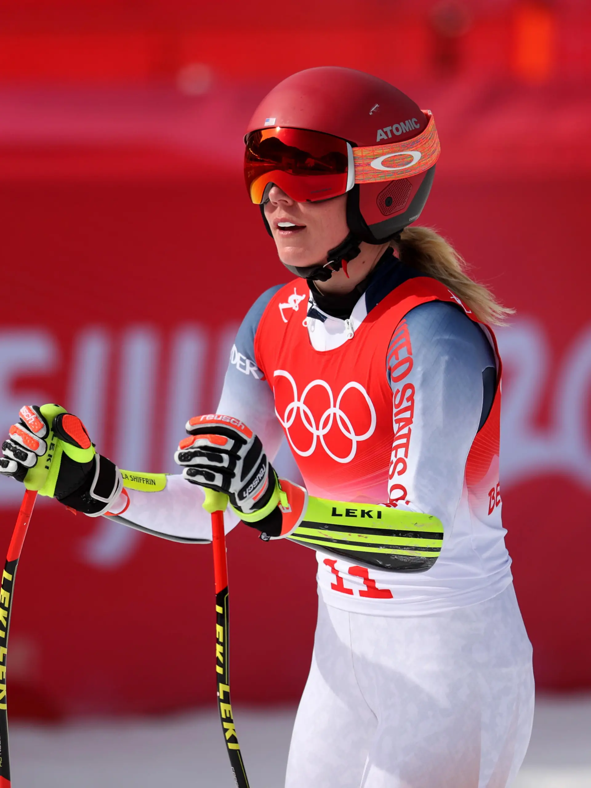 YANQING, CHINA - FEBRUARY 11: Mikaela Shiffrin of Team United States reacts as they cross the finish line during the Women's Super-G on day seven of the Beijing 2022 Winter Olympic Games at National Alpine Ski Centre on February 11, 2022 in Yanqing, China. (Photo by Alex Pantling/Getty Images)