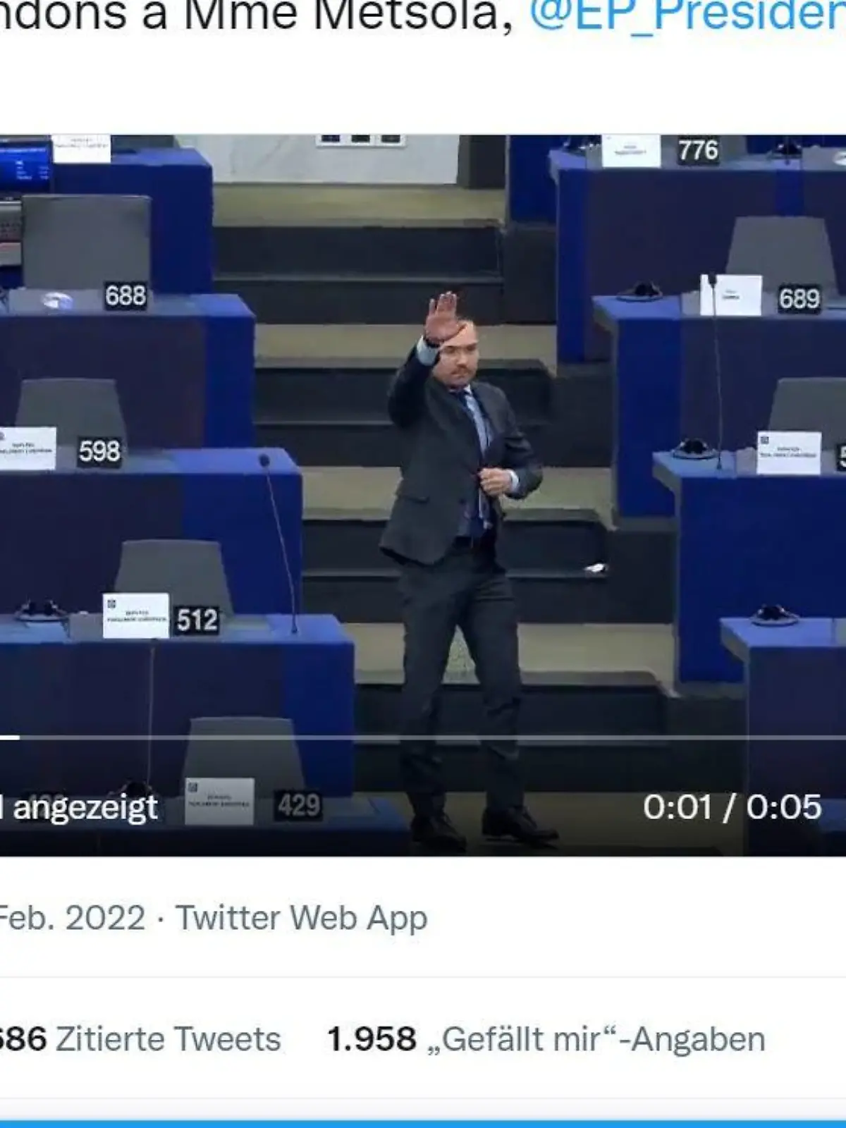 Der rechtskonservative Politiker Angel Dschambaski mit gerecktem Arm im EU-Parlament.