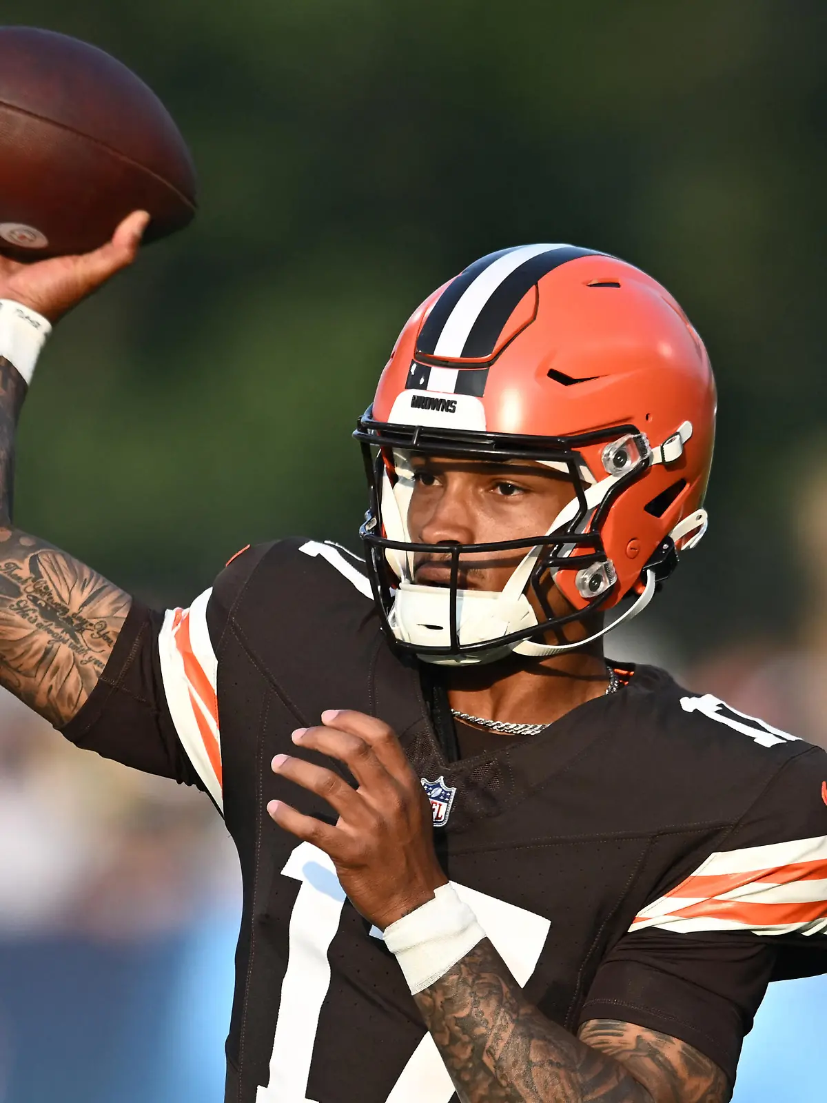 Aug 3, 2023; Canton, Ohio, USA; Cleveland Browns quarterback Dorian Thompson-Robinson (17) warms up before the game between the Browns and the New York Jets at Tom Benson Hall of Fame Stadium. Mandatory Credit: Ken Blaze-USA TODAY Sports
