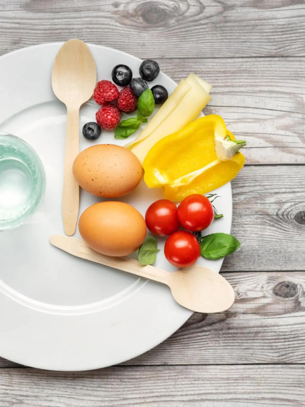 Interval fasting diet. Intermittent fasting concept represented with a plate and products on gray background. Healthy lifestyle. Fat loss concept. Top view