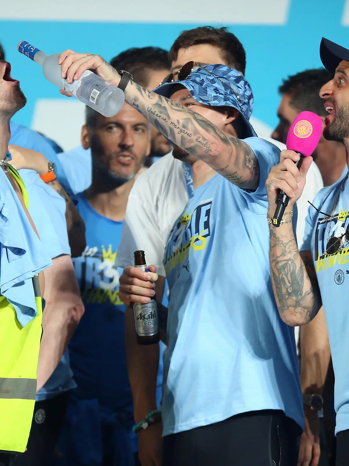 England Squad File Photo. File photo dated 12-06-2023 of Manchester City's Jack Grealish (left), Kalvin Phillips (centre) and Kyle Walker (right) on stage during the Treble Parade. Englands Manchester City quintet are due to arrive at St Georges Park on Tuesday evening after days celebrating their treble triumph. Issue date: Tuesday June 13, 2023. See PA story SOCCER England Squad. Photo credit should read Nigel French/PA Wire. URN:72594408