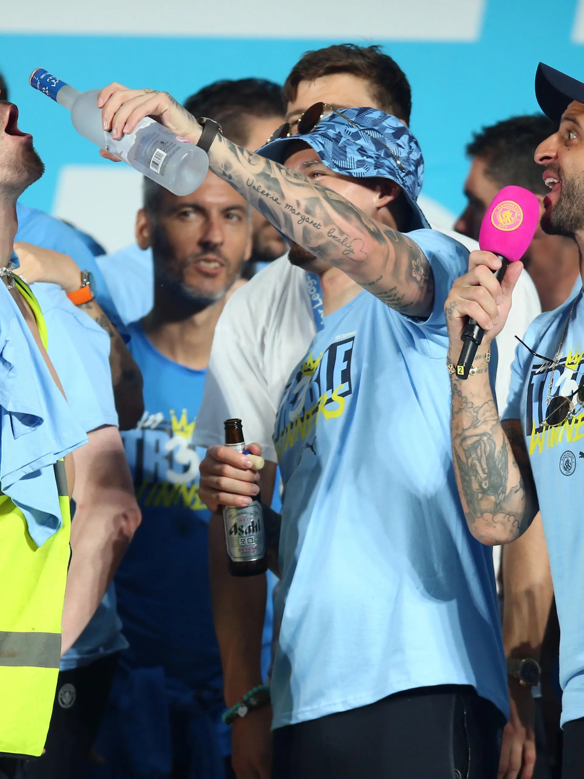 England Squad File Photo. File photo dated 12-06-2023 of Manchester City's Jack Grealish (left), Kalvin Phillips (centre) and Kyle Walker (right) on stage during the Treble Parade. Englands Manchester City quintet are due to arrive at St Georges Park on Tuesday evening after days celebrating their treble triumph. Issue date: Tuesday June 13, 2023. See PA story SOCCER England Squad. Photo credit should read Nigel French/PA Wire. URN:72594408