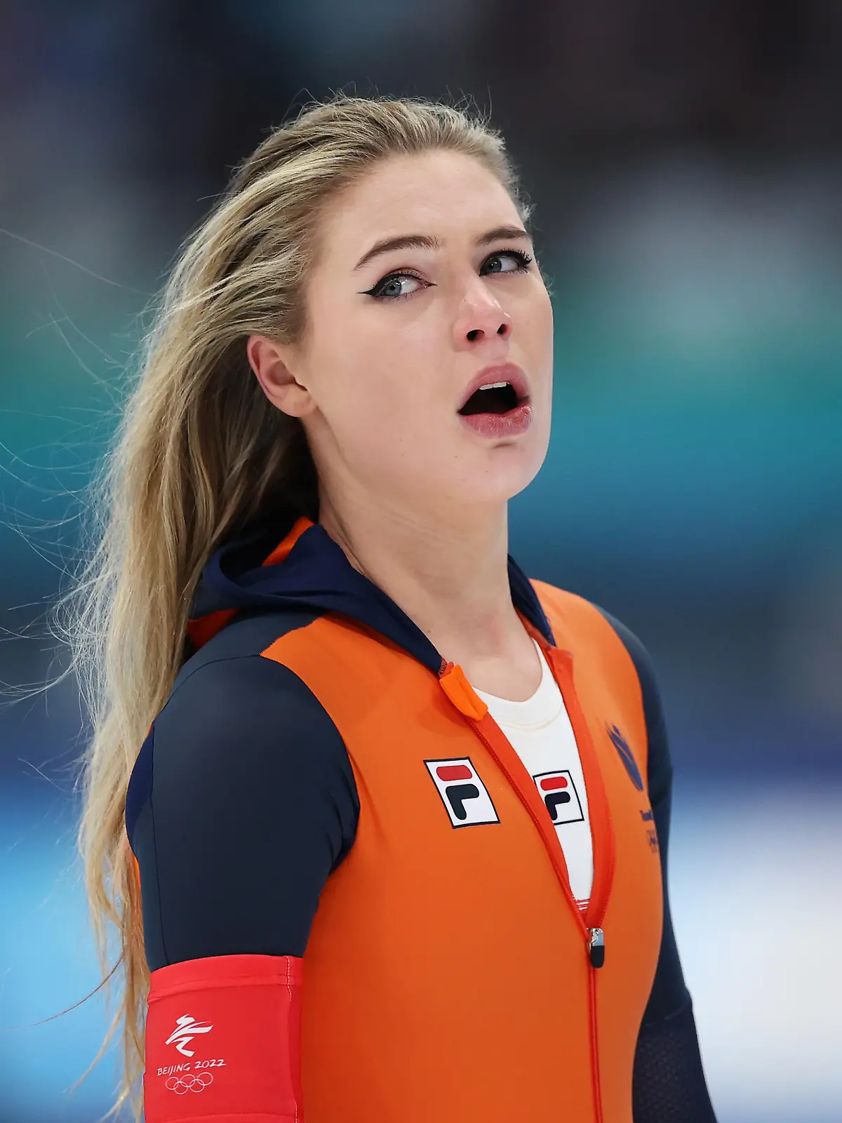 BEIJING, CHINA - FEBRUARY 17: Jutta Leerdam of Team Netherlands reacts after skating during the Women's 1000m on day thirteen of the Beijing 2022 Winter Olympic Games at National Speed Skating Oval on February 17, 2022 in Beijing, China. (Photo by Dean Mouhtaropoulos/Getty Images)