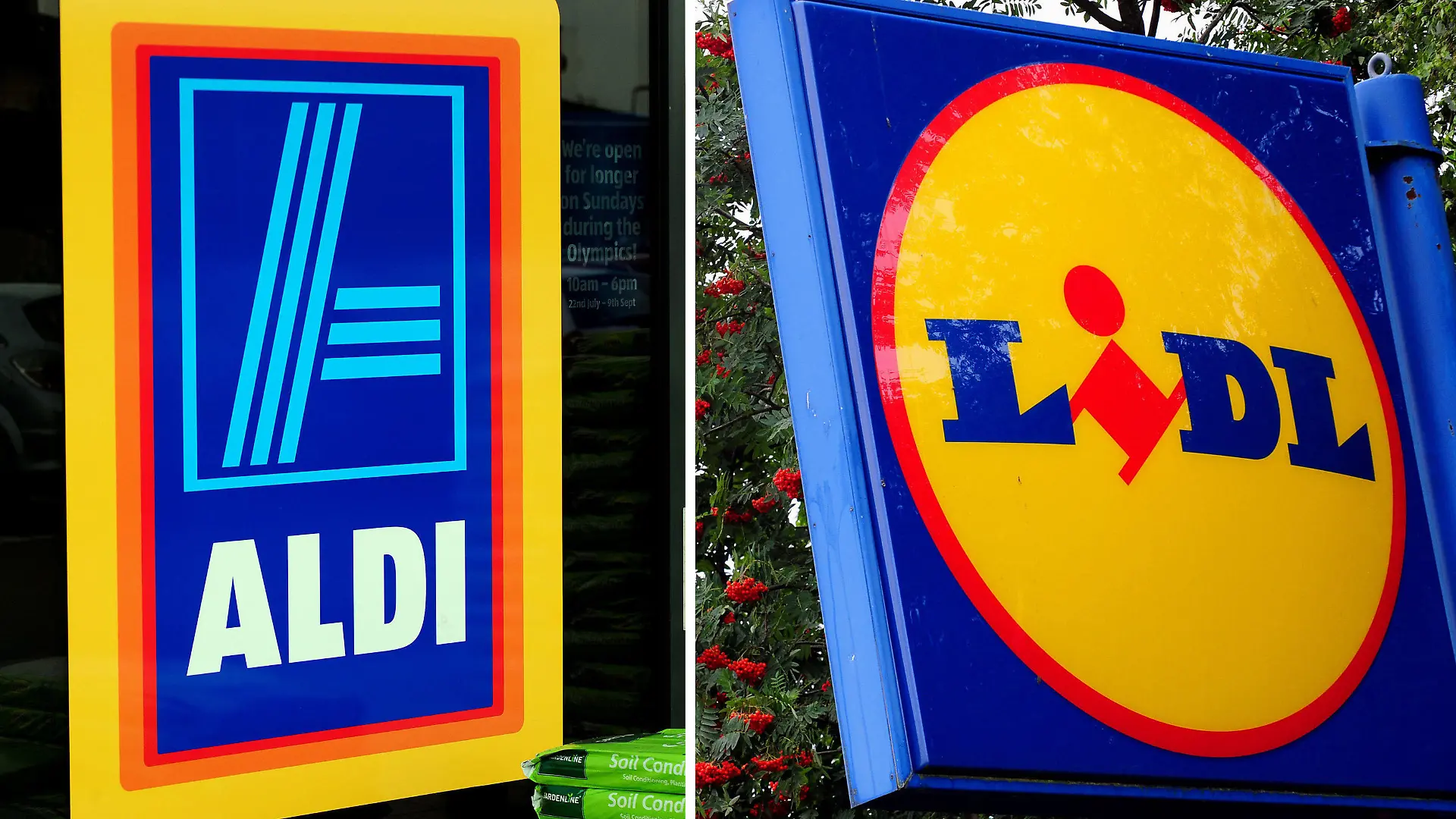 ARCHIV - Die Bildkombo aus undatierten Archivbildern zeigt die Logos der deutschen Discounter Aldi (l) und Lidl in Großbritannien. (Zu dpa «Institut: Aldi und Lidl mit kräftigem Umsatzplus in Großbritannien» vom 31.05.2017) Foto: Pa/PA Wire/dpa +++(c) dpa - Bildfunk+++