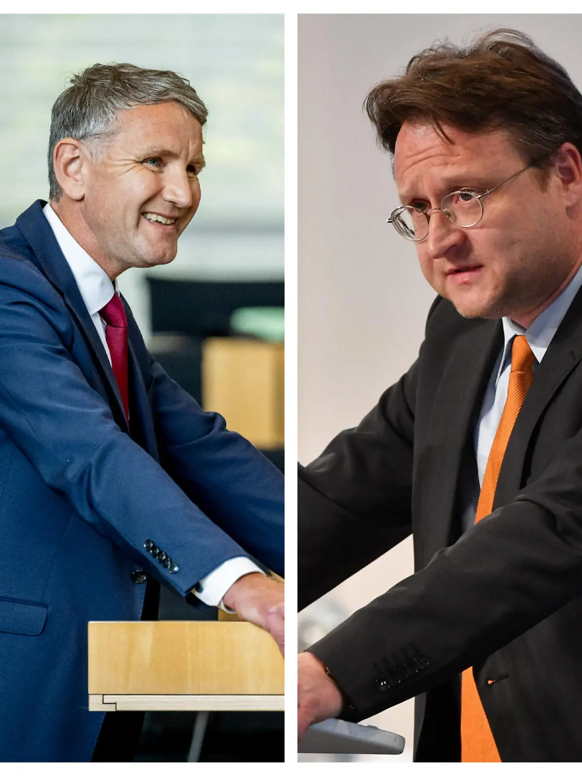 Der Chef der AfD Thüringen, Björn Höcke (links) freut sich über das Wahlergebnis seines Parteikollegen Robert Sesselmann (AfD, rechts).
