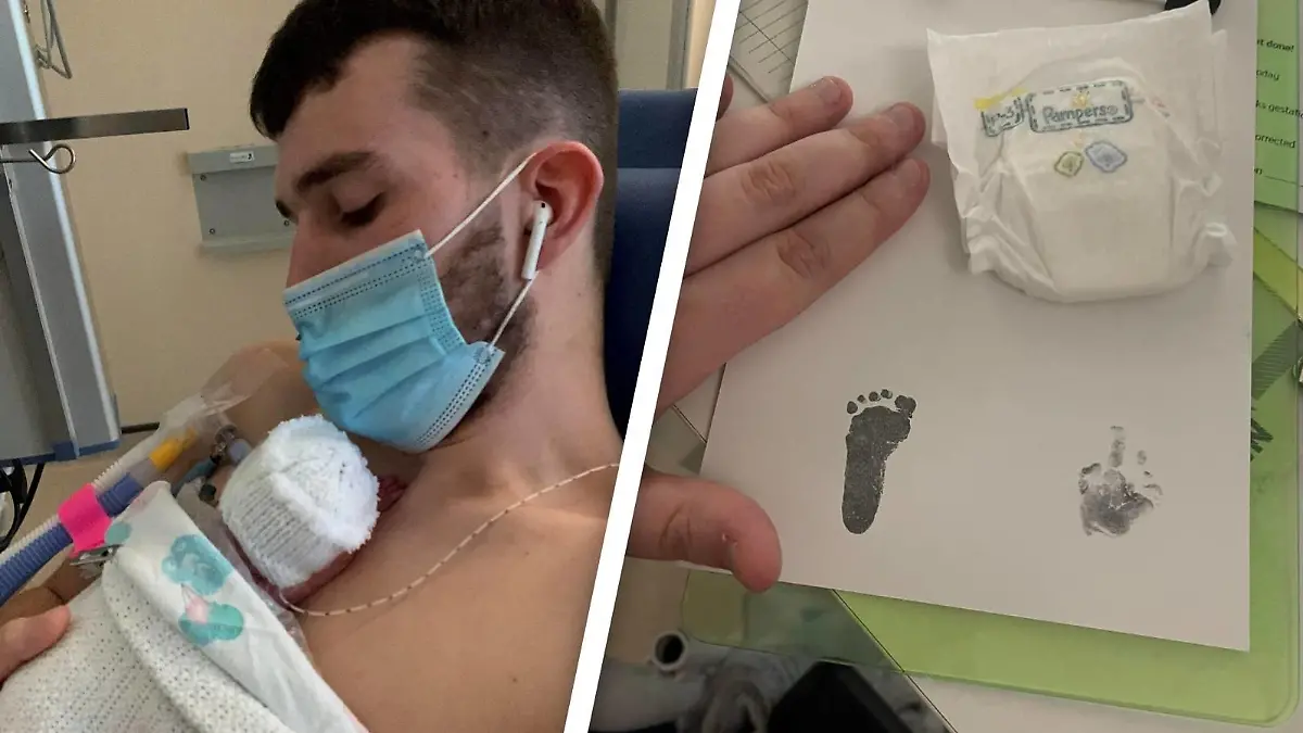 Links: Papa Brandon darf Töchterchen Hannah endlich kuscheln; rechts: Hannahs winziger Fußabdruck.
