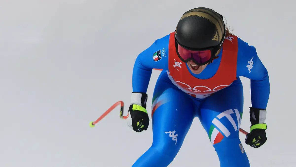 2022 Beijing Olympics - Alpine Skiing - Women's Downhill - National Alpine Skiing Centre, Yanqing district, Beijing, China - February 15, 2022. Sofia Goggia of Italy react after her run. REUTERS/Wolfgang Rattay