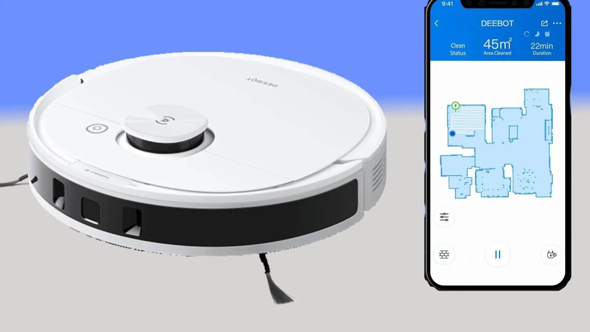 Der Sauroboter Ecovars N8 mit App steht vor einem blauen Hintergrund.