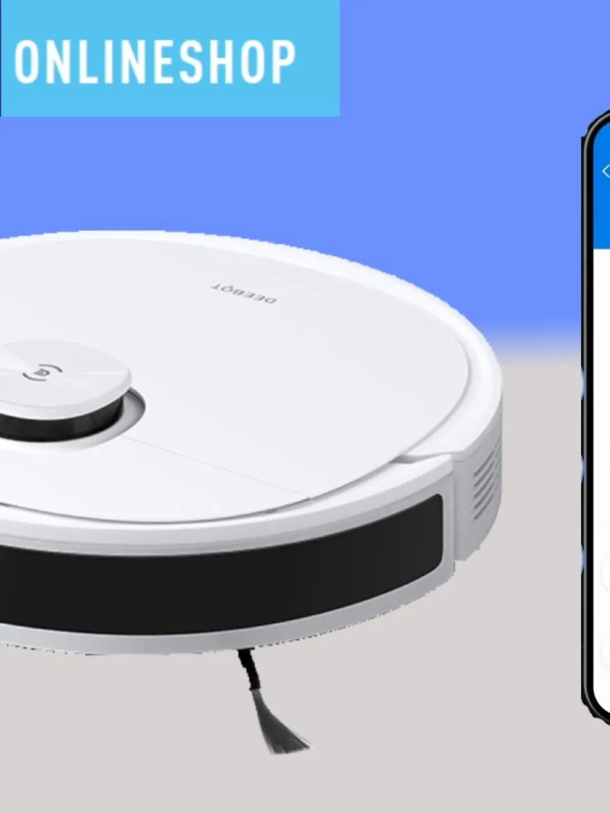 Der Sauroboter Ecovars N8 mit App steht vor einem blauen Hintergrund.