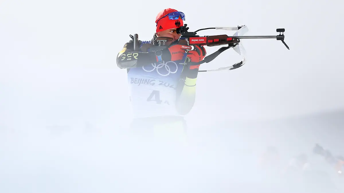 ZHANGJIAKOU, CHINA - FEBRUARY 15: Philipp Nawrath of Team Germany shoots during warm up prior to the Men's Biathlon 4x7.5km Relay on Day 11 of Beijing 2022 Winter Olympics at National Biathlon Centre on February 15, 2022 in Zhangjiakou, China. (Photo by Clive Rose/Getty Images)