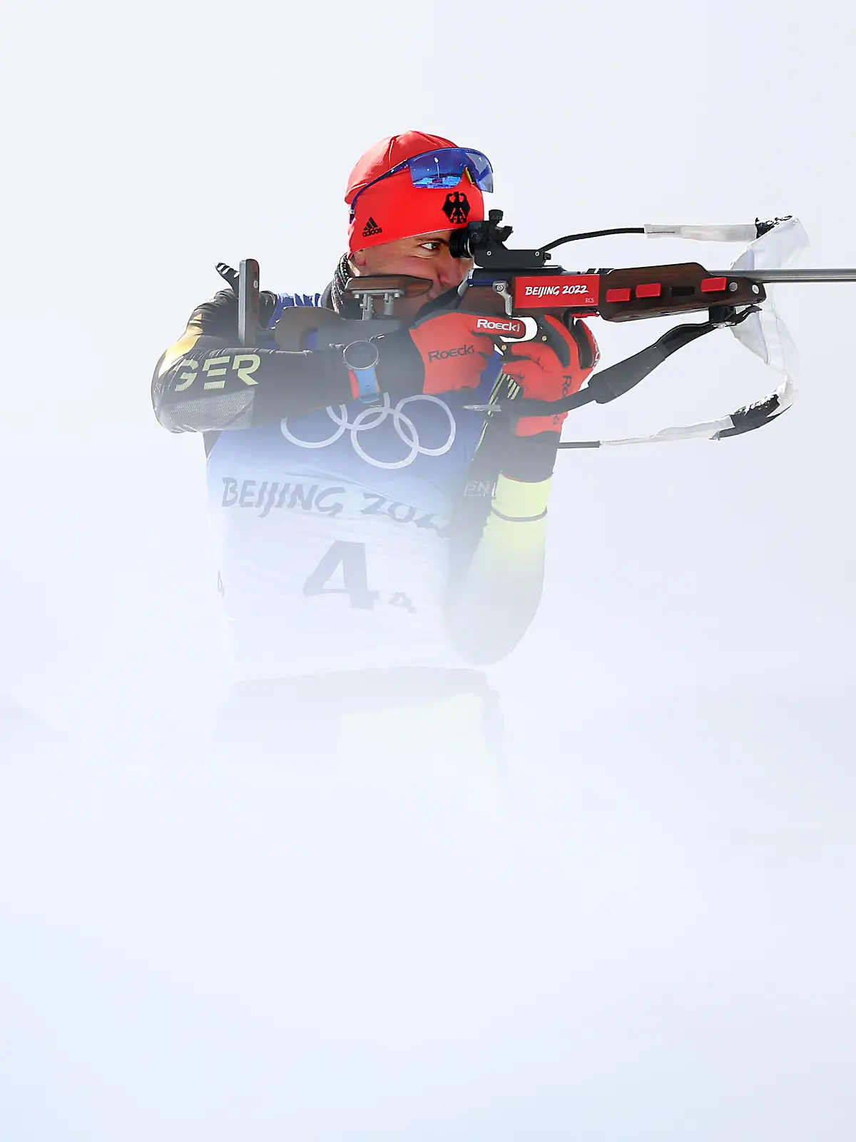 ZHANGJIAKOU, CHINA - FEBRUARY 15: Philipp Nawrath of Team Germany shoots during warm up prior to the Men's Biathlon 4x7.5km Relay on Day 11 of Beijing 2022 Winter Olympics at National Biathlon Centre on February 15, 2022 in Zhangjiakou, China. (Photo by Clive Rose/Getty Images)
