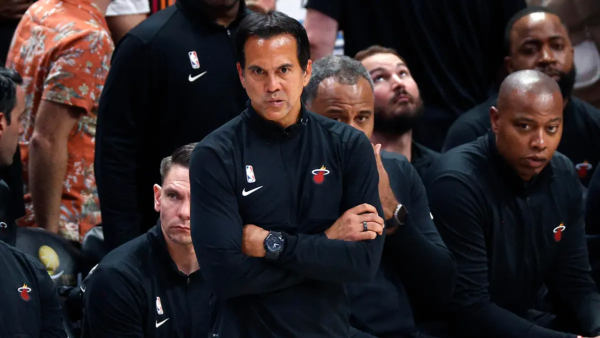 Jun 1, 2023; Denver, CO, USA; Miami Heat head coach Erik Spoelstra looks on during the fourth quarter in game one of the 2023 NBA Finals against the Denver Nuggets at Ball Arena. Mandatory Credit: Isaiah J. Downing-USA TODAY Sports