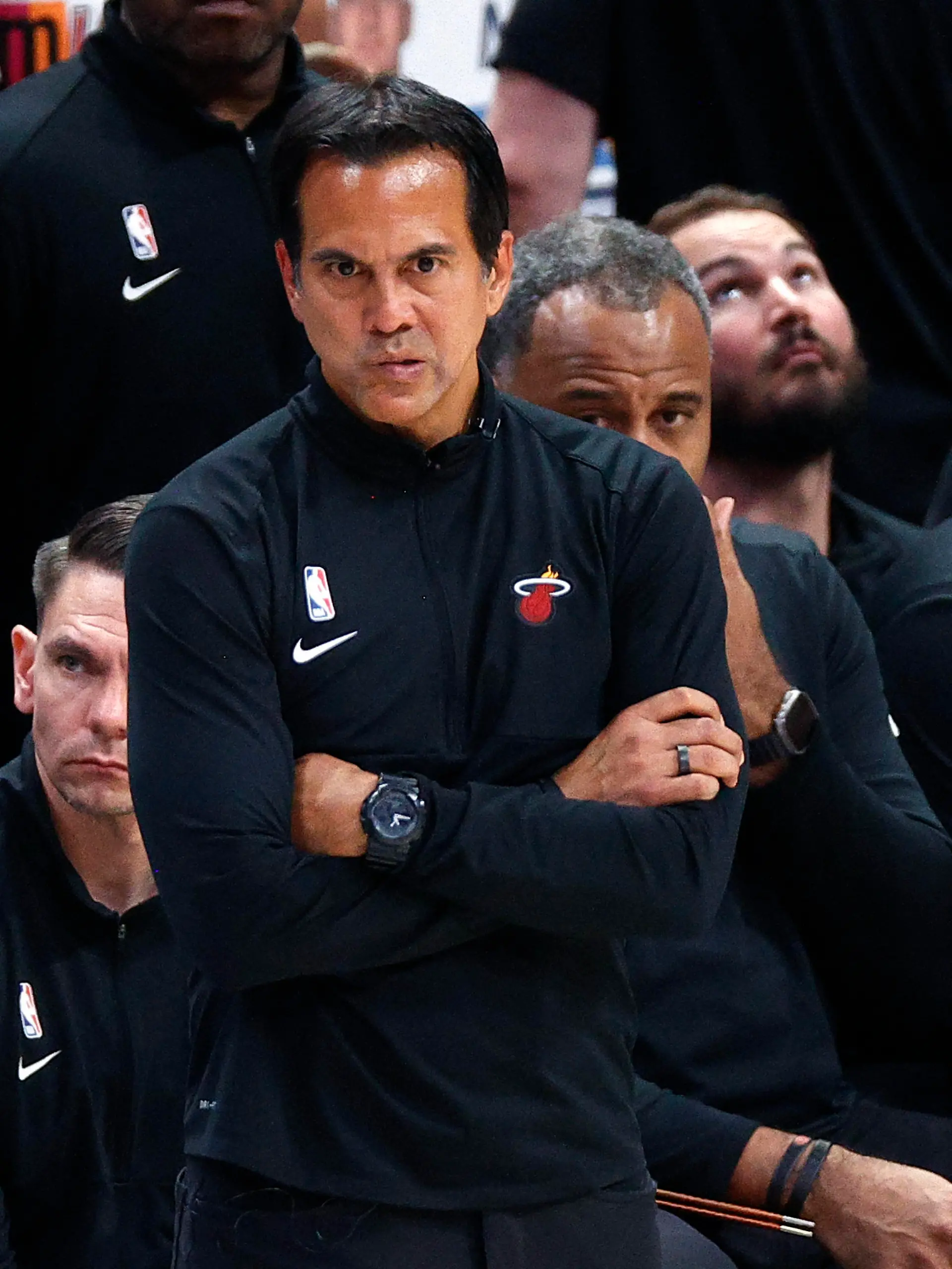 Jun 1, 2023; Denver, CO, USA; Miami Heat head coach Erik Spoelstra looks on during the fourth quarter in game one of the 2023 NBA Finals against the Denver Nuggets at Ball Arena. Mandatory Credit: Isaiah J. Downing-USA TODAY Sports