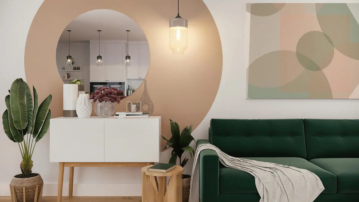 Picture of a cozy, green sofa in the colorful living room with geometric decoration. Render image.