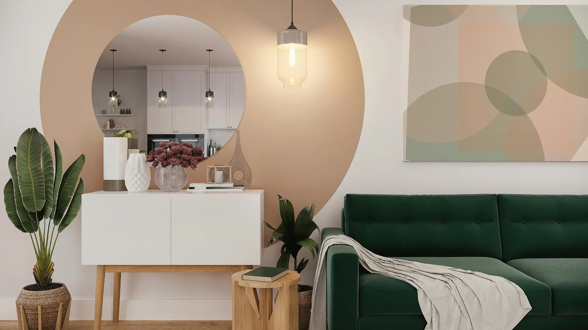 Picture of a cozy, green sofa in the colorful living room with geometric decoration. Render image.