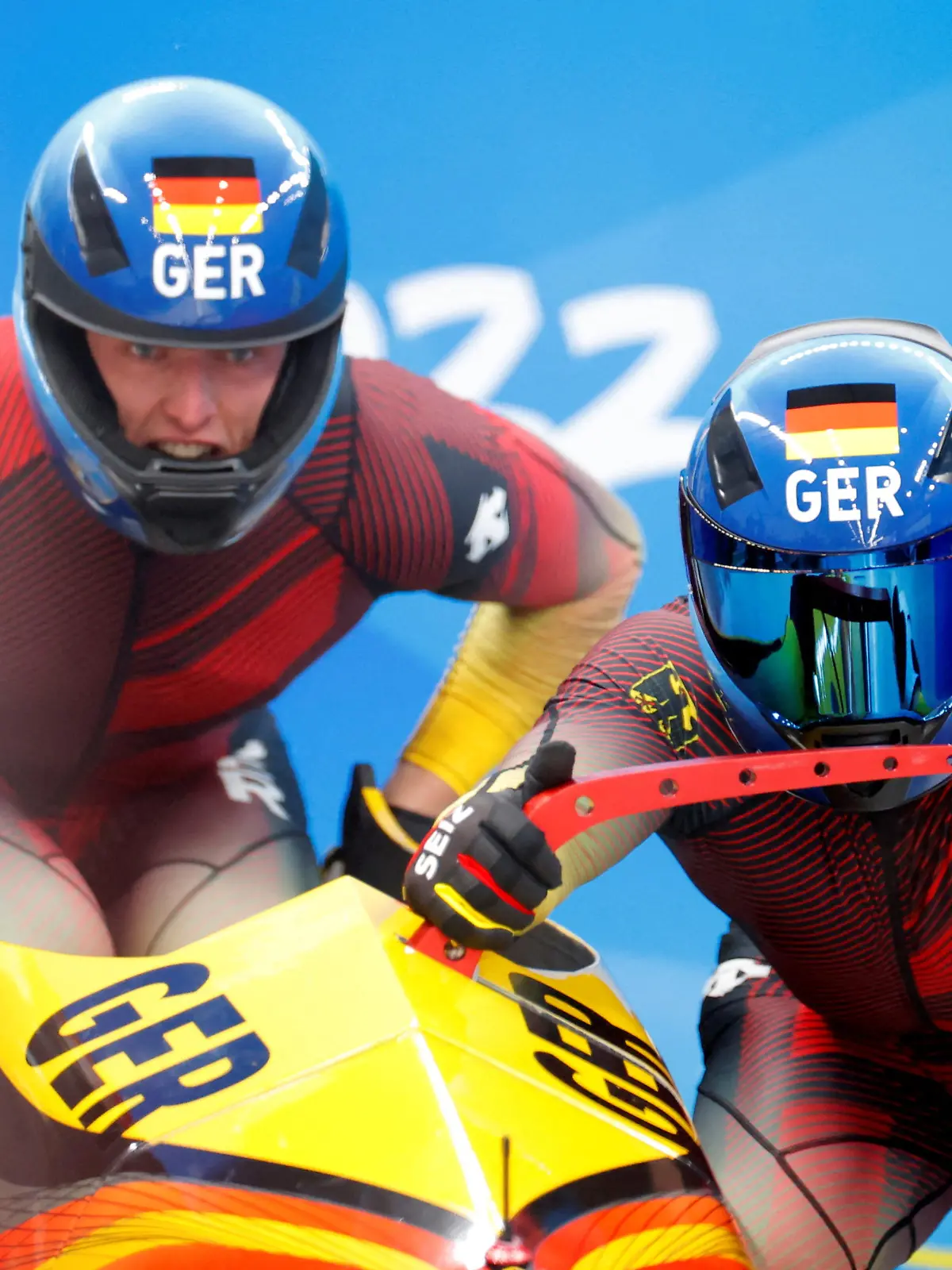2022 Beijing Olympics - Bobsleigh - 2-man Heat 2 - National Sliding Centre, Beijing, China - February 14, 2022. Francesco Friedrich of Germany and Thorsten Margis of Germany before their run. REUTERS/Thomas Peter REFILE - CORRECTING ID