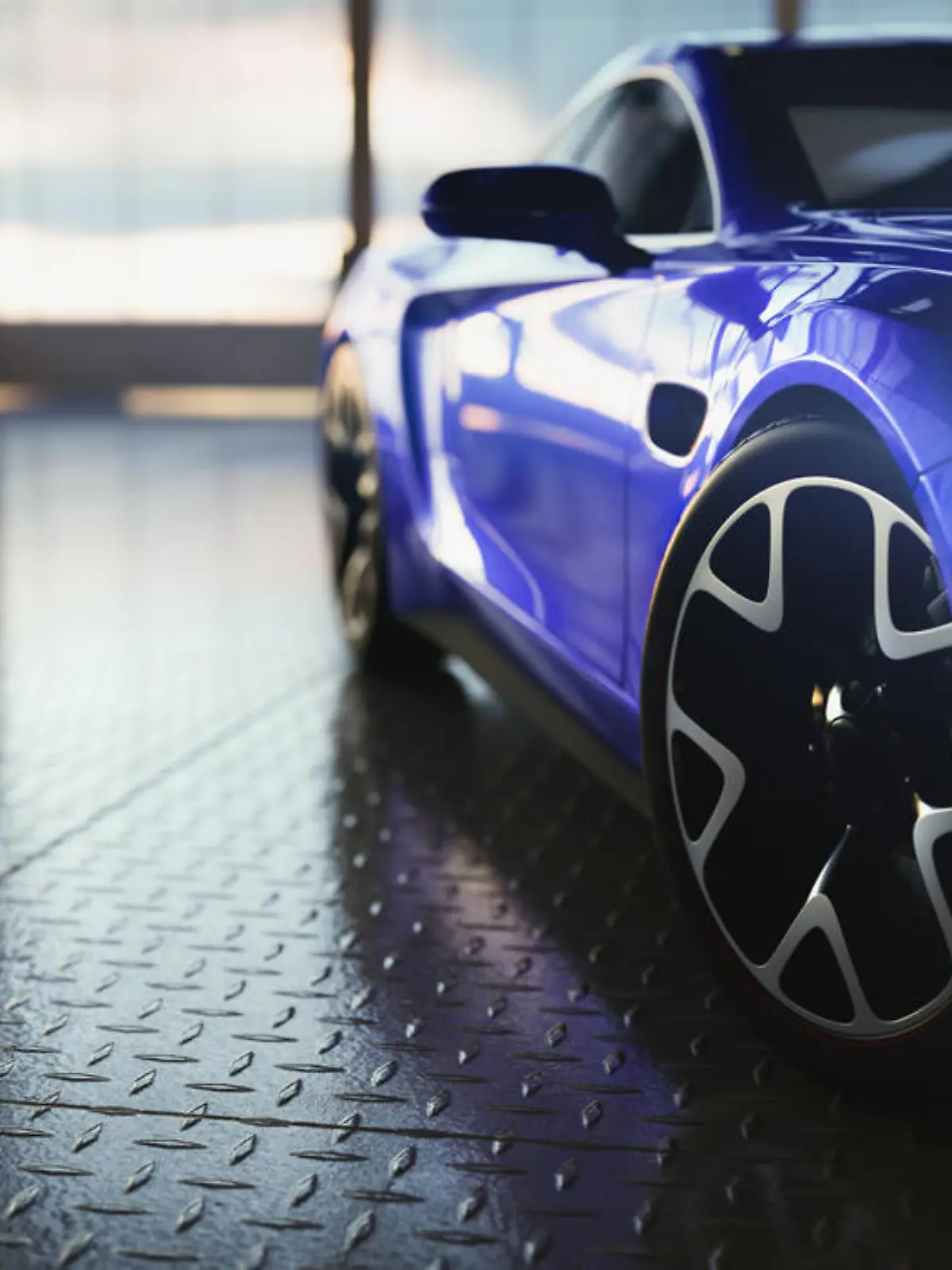 Modern blue coupe sports car in showroom with big windows. Front view. 3D illustration
